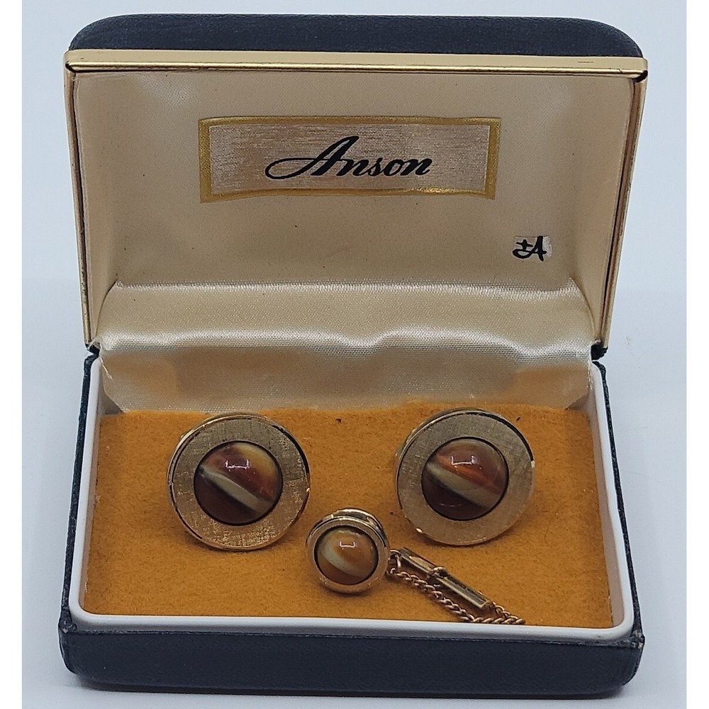 VINTAGE ANSON MID CENTURY GOLD TONE CATS EYE CUFFLINKS & TIE PIN ORIGINAL BOX